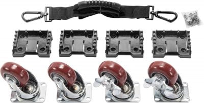 Pelican mobility kit featuring four black caster clips, four swivel wheels, strap, and hardware set