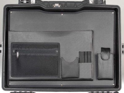 Pelican 1495 lid organizer installed in a black protective case featuring mesh and leather pockets