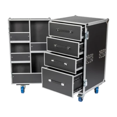 heavy duty 4 drawer road case with lid compartments