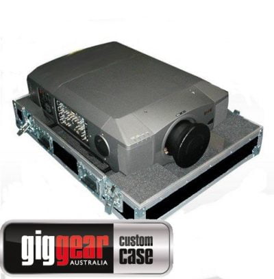 A grey projector sits securely in a custom GigGear lift off lid transport case