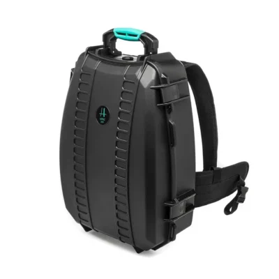 HPRC 3600 hard shell backpack in black with a teal handle, shown from a side angle