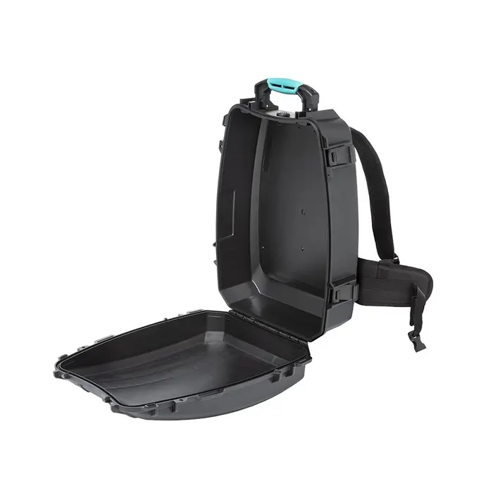 hprc3600 empty HPRC 3600 backpack case in black with teal handle shown fully open from a side-angle