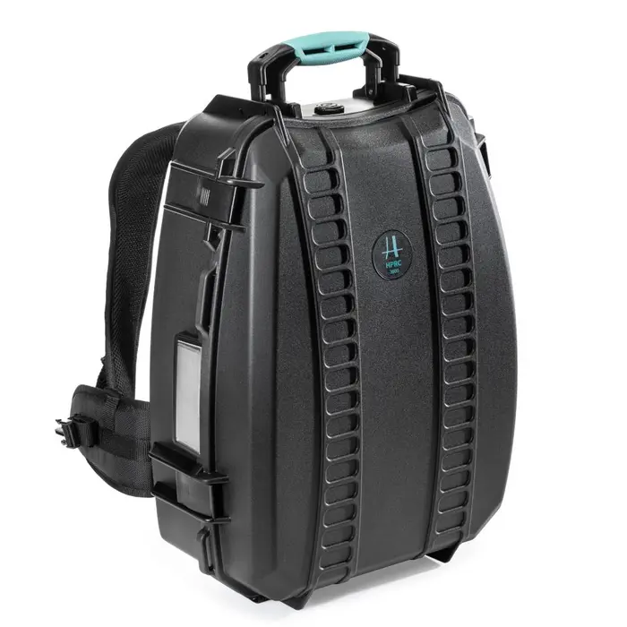 hprc3600 lowres HPRC 3600 hard shell backpack case in black with light blue accents viewed at an angle