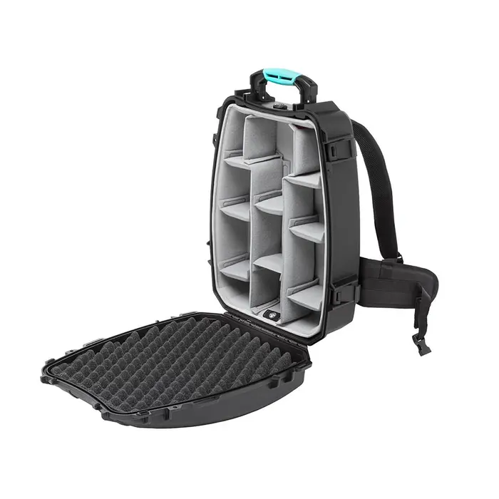 hprc3600 ssk HPRC 3600 backpack case in black with a bright blue handle and organized internal dividers