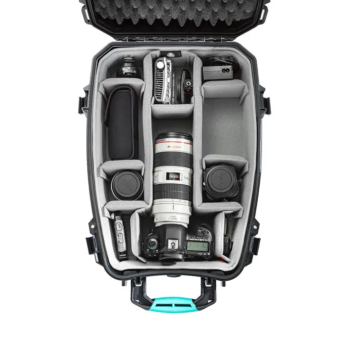 hprc3600 top ssk full Top-down view of a black HPRC 3600 backpack case featuring organized padded equipment compartments