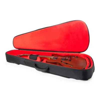 Gator ICON series guitar bag open to reveal a hollow-body guitar on red velvet