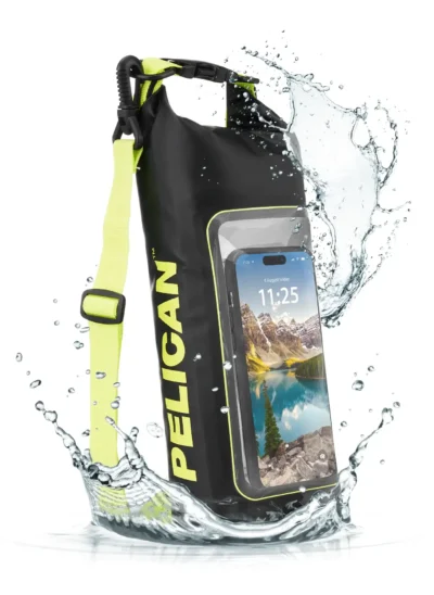 Pelican Marine black waterproof dry bag with high-vis yellow strap and integrated phone pocket