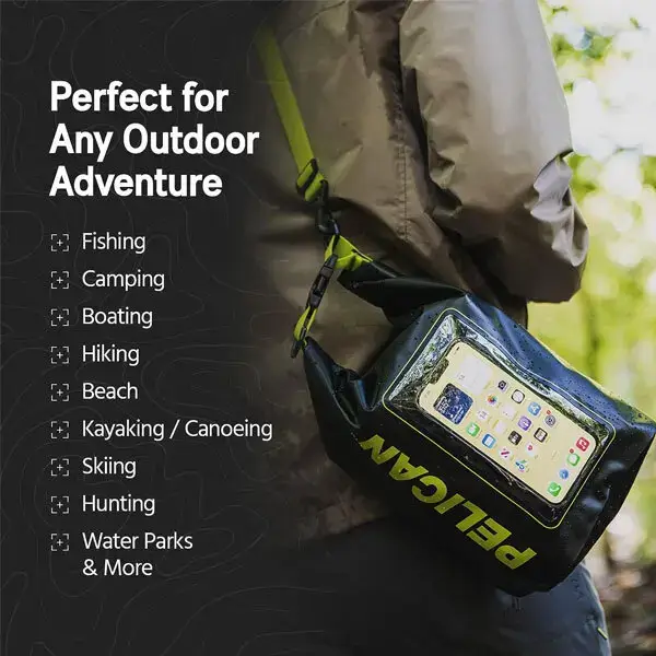 pp050444 1 Pelican waterproof dry bag worn over the shoulder with a phone visible in the pocket