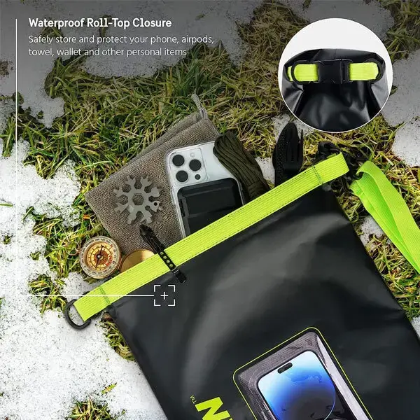 pp050444 2 Pelican Marine 5L dry bag in black with hi-vis yellow trim on grassy terrain