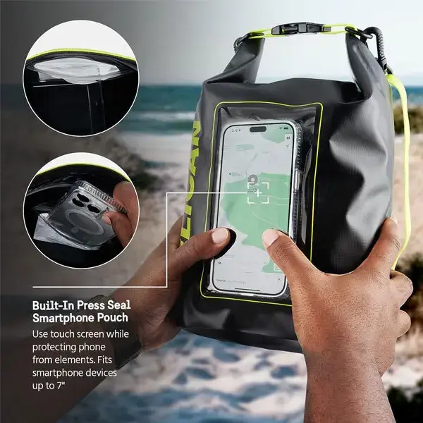 pp050444 3 Pelican dry bag in-use with hands holding a smartphone inside the integrated clear pouch