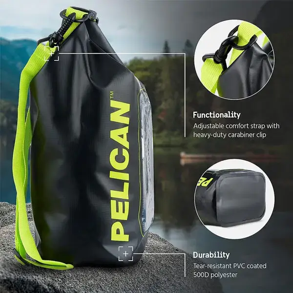 pp050444 4 Pelican Marine 5L dry bag in black with high-vis yellow details showing strap and material features
