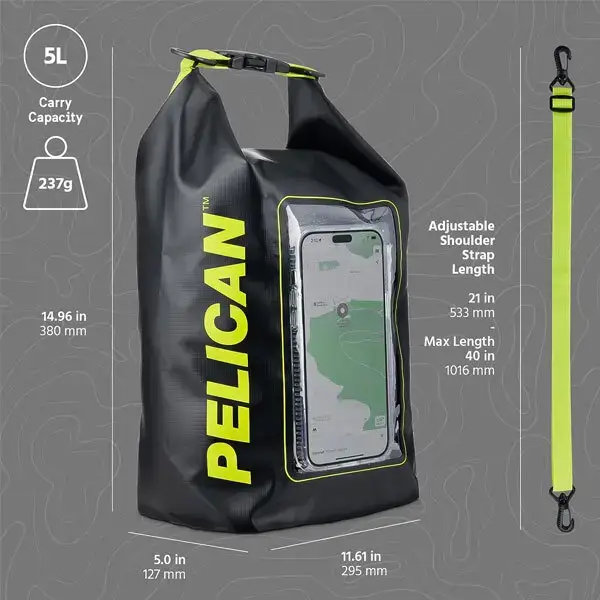 pp050444 Pelican 5L dry bag in black and hi-vis yellow with dimensions and strap length overlay