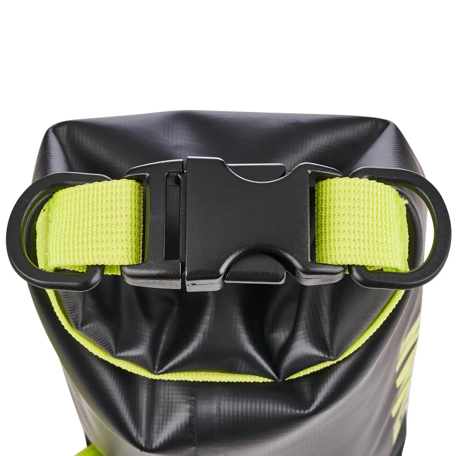 Pelican Marine 2L dry bag close-up showing the black plastic buckle and hi-vis yellow webbing