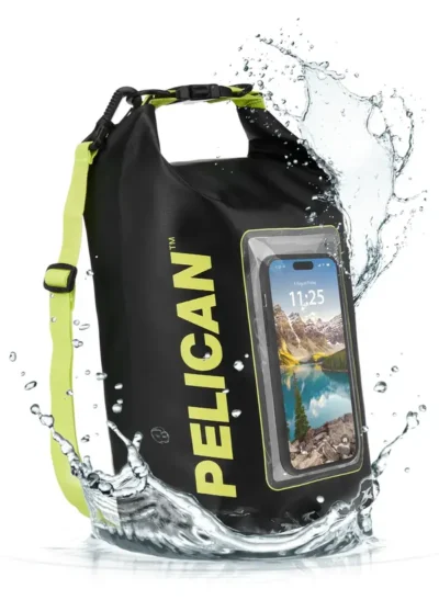 Pelican Marine 5L dry bag in black with high-vis yellow straps and integrated phone window