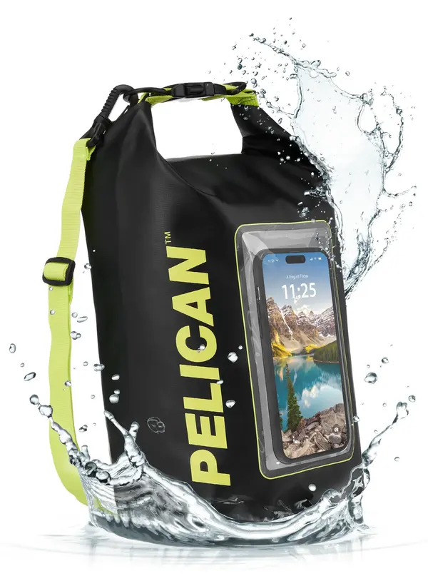 waterproof drybag 5l Pelican Marine 5L dry bag in black with high-vis yellow straps and integrated phone window