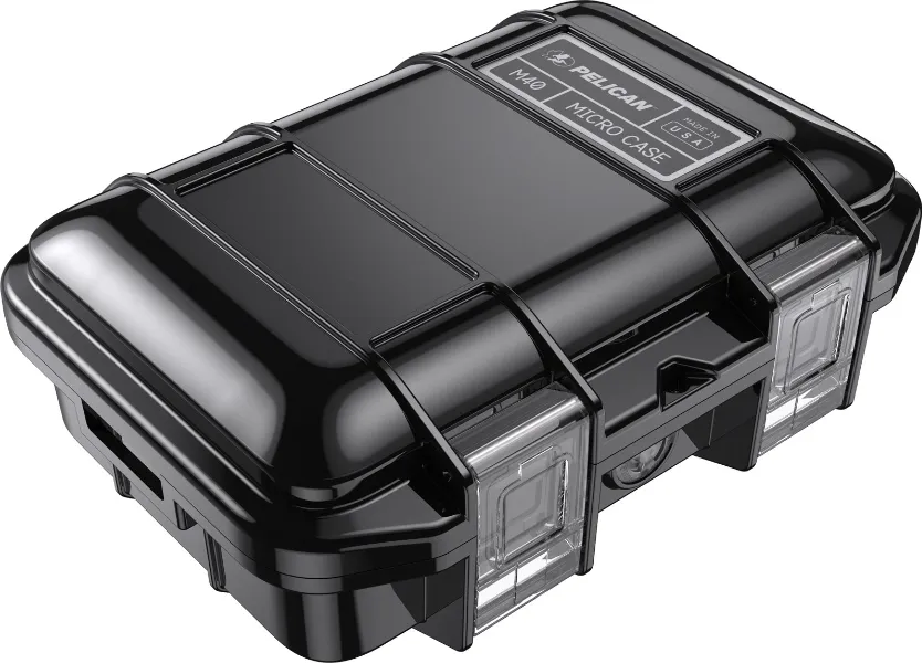 pelican m40 micro case black Pelican M40 Micro Case in black with a clear latch from a high-angle view