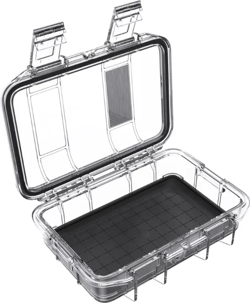 pelican m40 micro case clear black open Pelican M40 Micro Case in clear plastic with a black interior grid liner open