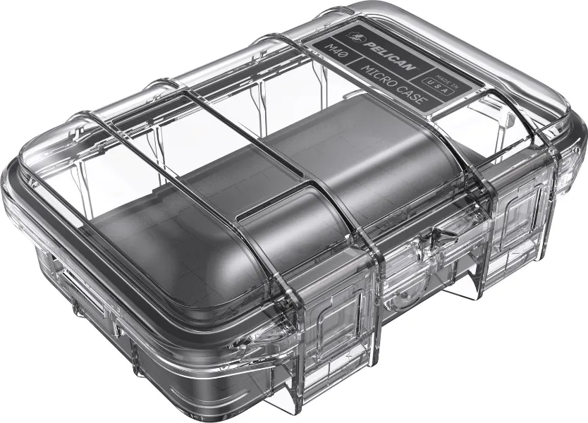 pelican m40 micro case clear black Pelican M40 Micro Case in clear plastic with black interior foam at a high angle