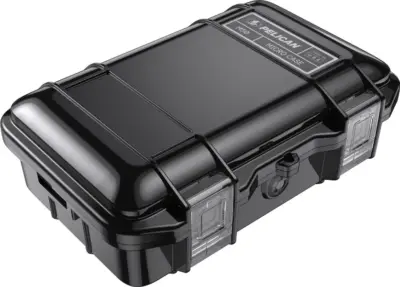 Pelican M50 Micro Case in glossy black shown from a high angle front view