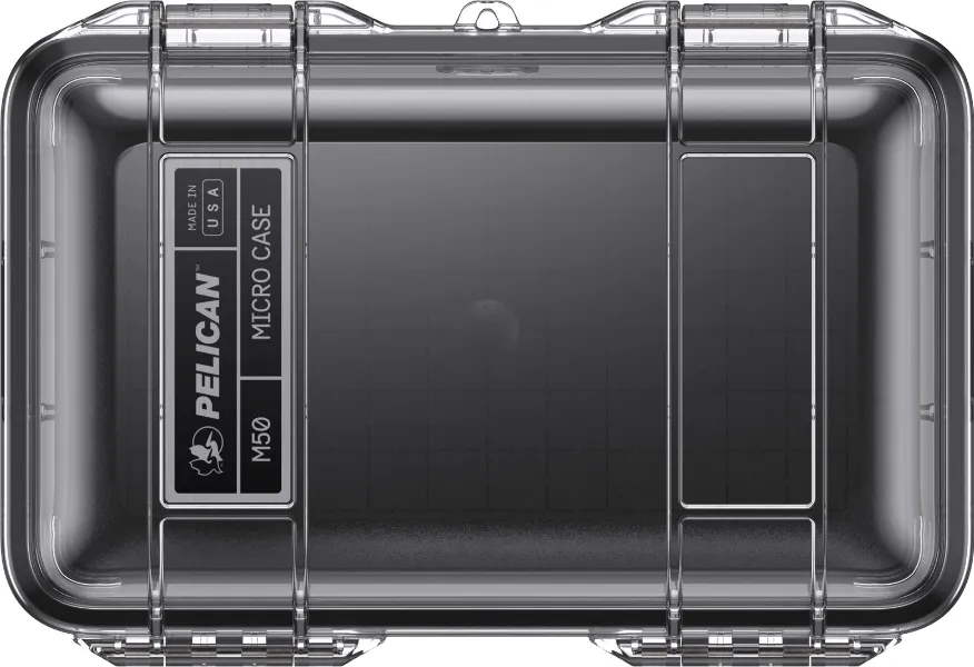 pelican m50 micro case clear black front Top down view of a clear Pelican M50 Micro Case with black interior lining