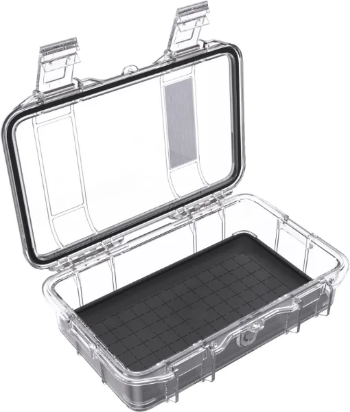 pelican m50 micro case clear black open Pelican M50 Micro Case in clear plastic with a black interior liner and open lid