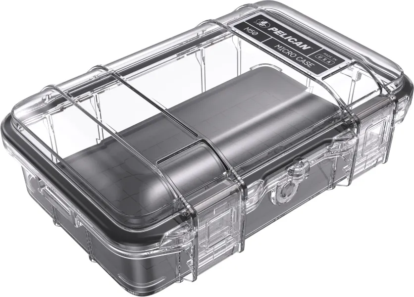 pelican m50 micro case clear black Pelican M50 Micro Case in clear plastic with black interior seen from an elevated angle