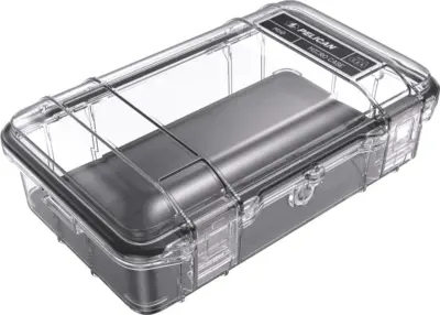 Pelican M60 Micro Case in clear plastic with black interior lining at a high-angle view