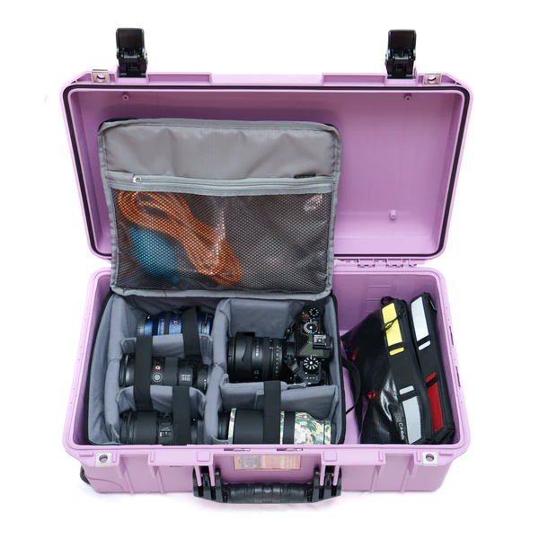 in1519tr 2 A-MoDe travel insert bag inside an open light purple hard shell gear case