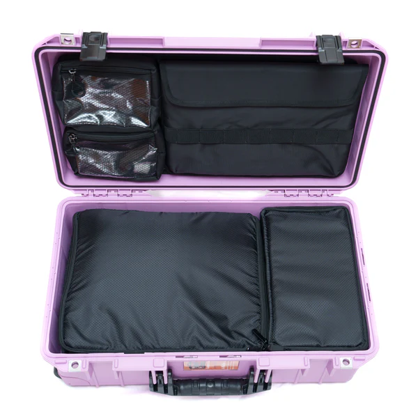 in1519tr 3 A-MoDe travel insert bag installed inside an open lavender hard-shell case viewed from above