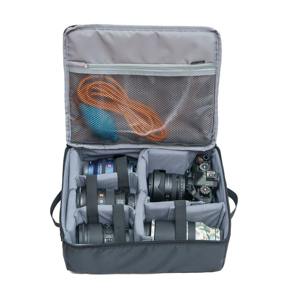 in1519tr 4 A-MoDe IN1519TR grey padded camera insert bag organized with lenses and a DSLR camera