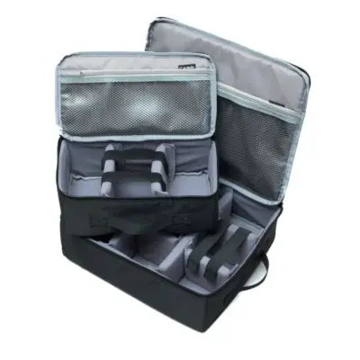 A-MoDe travel insert bag set in black nylon featuring two padded camera organizers with lids