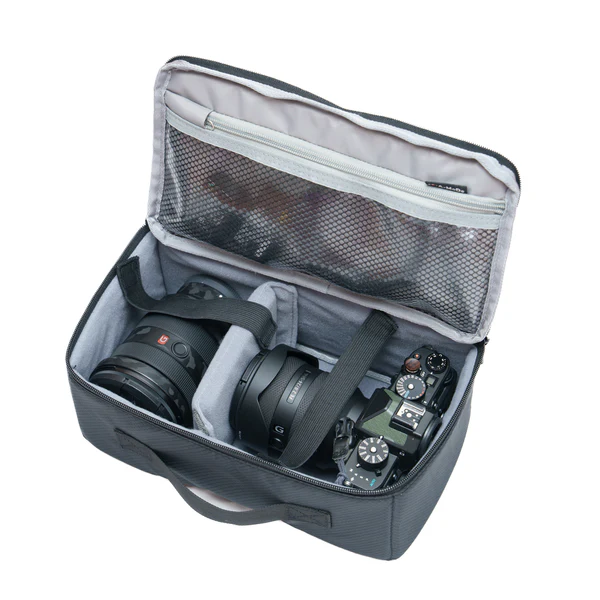 in1519tr 5 A-MoDe IN1519TR grey travel insert bag packed with a camera and two lenses