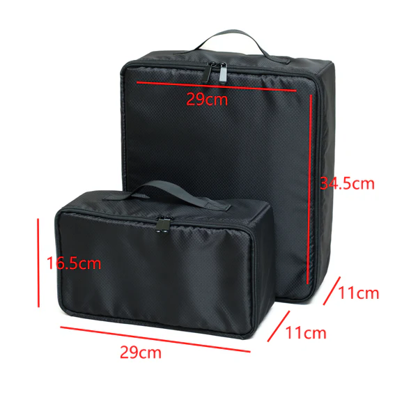 in1519tr 6 A-MoDe travel insert bag set in black nylon showing dimensions for both sizes