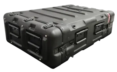 High-angle view of a black Pelican 3U MAC Rack case with integrated side handles