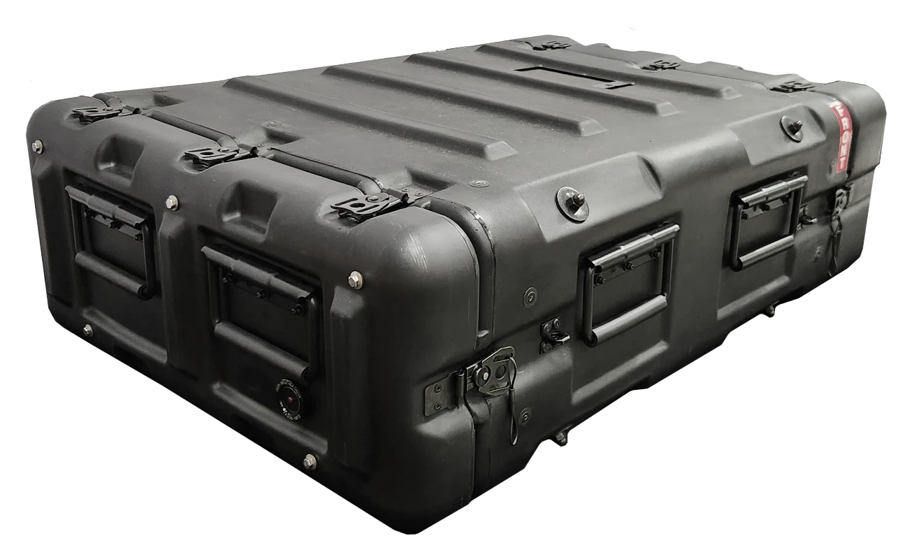 mak rak 3u angled copy High-angle view of a black Pelican 3U MAC Rack case with integrated side handles
